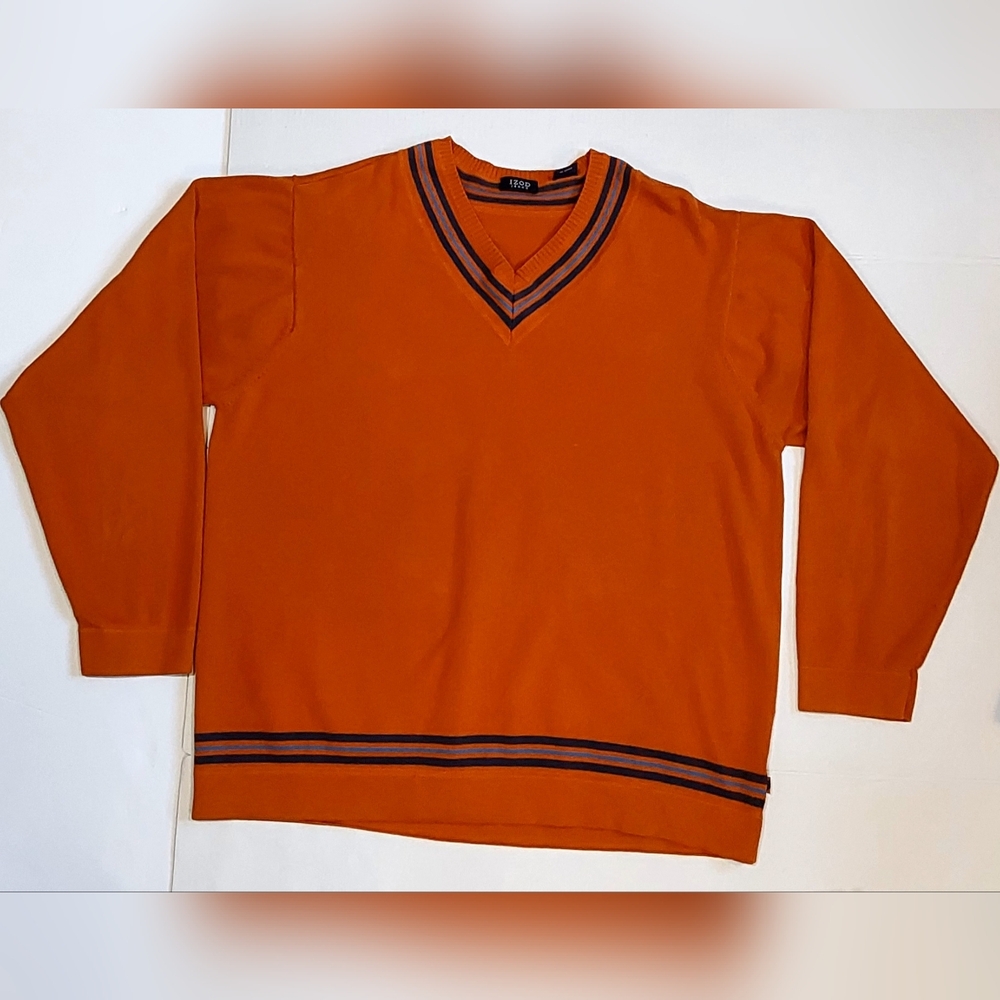 Vintage IZOD Orange V-neck Pullover Sweater Dark Blue And Gray Stripes Sz L